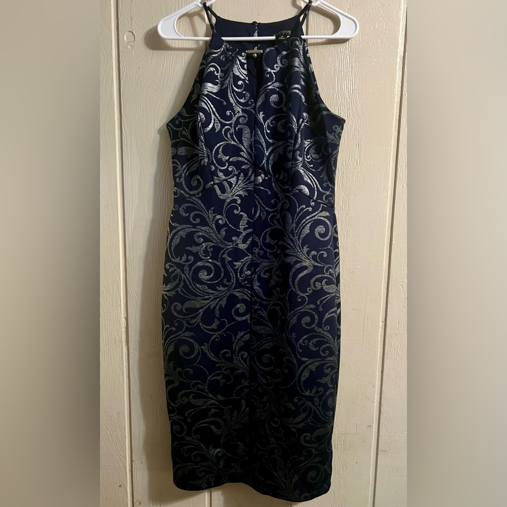Enfocus Studio Silver and Blue Sheath Cocktail Dress